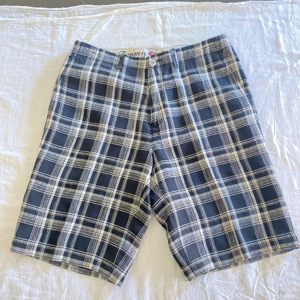 Tommy Bahama Mens 32 Black White Plaid 100% Linen Paradise Nation Shorts RN86549